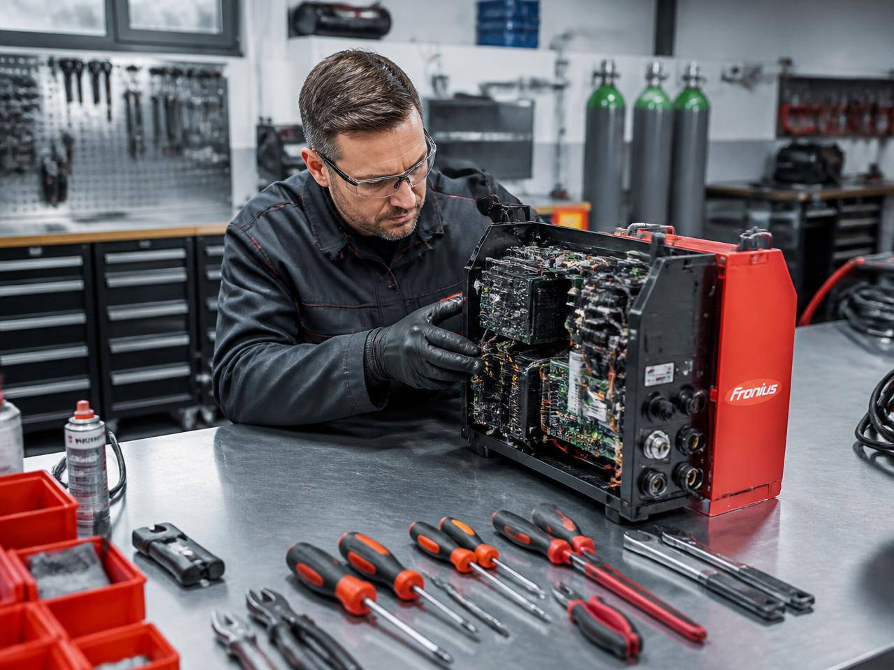 Técnico realizando manutenção em máquina de solda na bancada da oficina